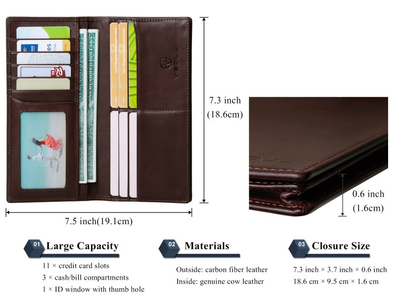 VISOUL Leather Checkbook Cover Wallet for Men with RFID Blocking, Mens Long Bifold Cash Tall Wallet with 11 Credit Card Slots 1 ID Window (Coffee) - Image 3